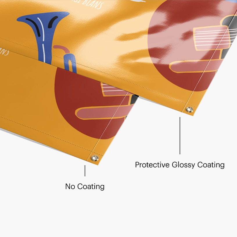  2 vinyl banners: One showcases the protective glossy coating and the other no coating.