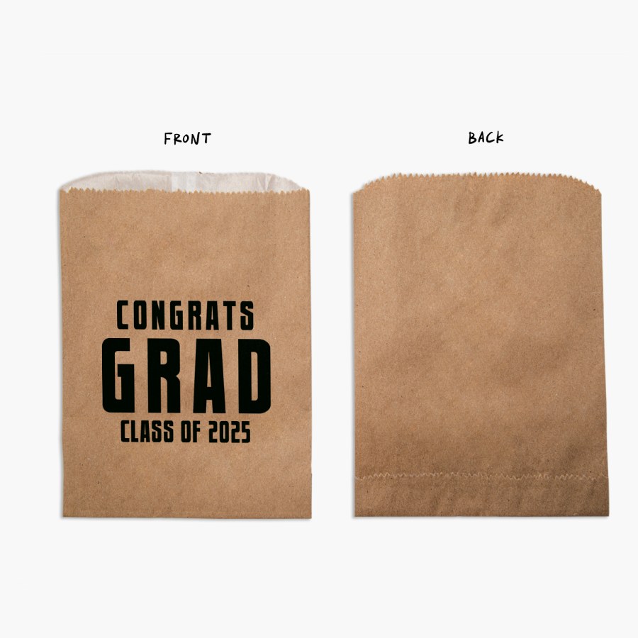 The front and back view of a kraft favor bag, with notes labeling the front and back.  