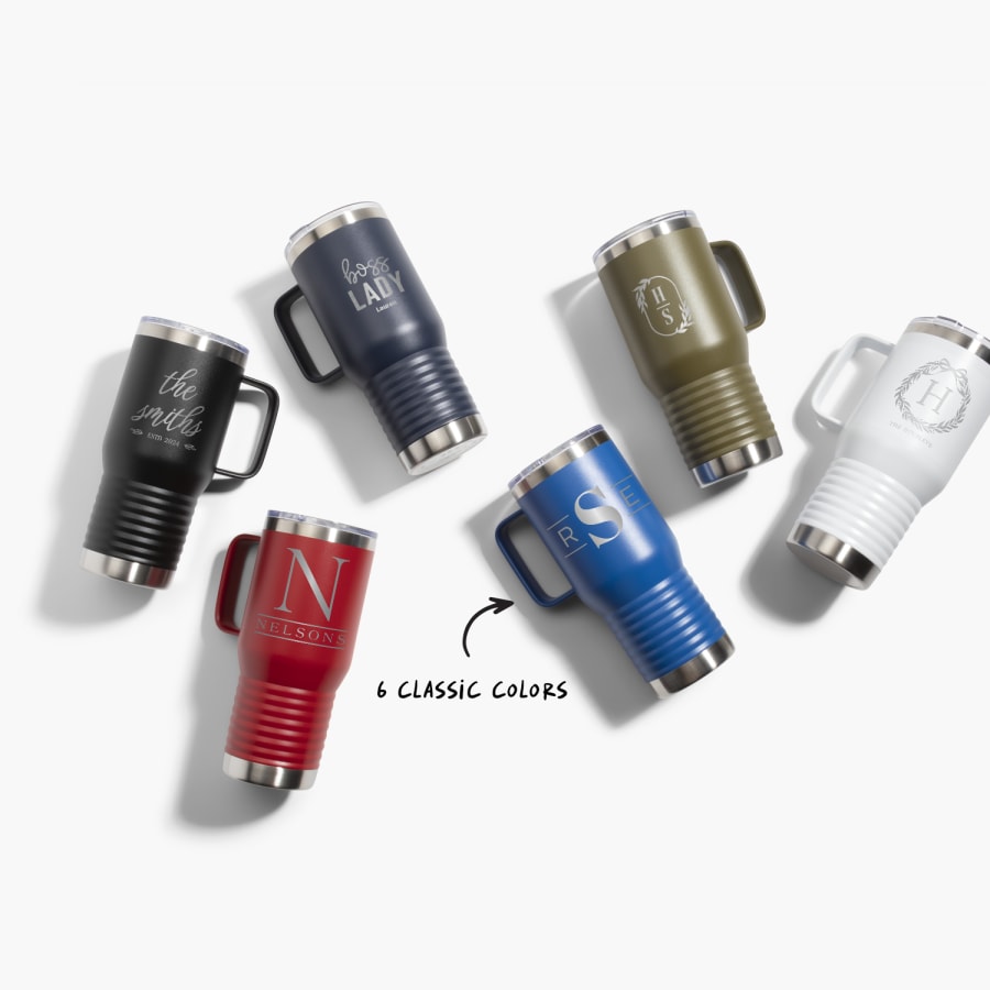 6 travel mugs personalized with various names and details, with a note that the mugs are offered in 6 classic colors. 