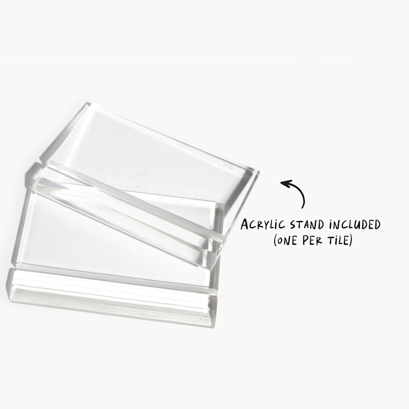 Two clear display stands, with a note that each photo tile comes with one stand. 