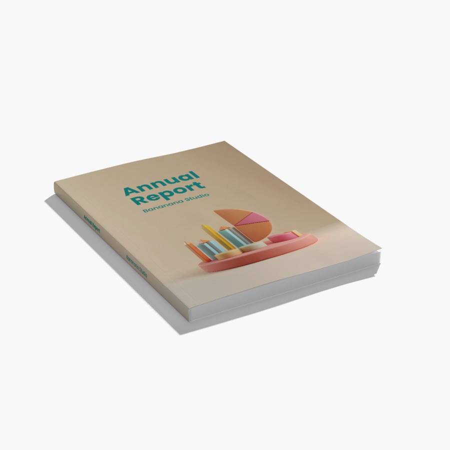 An annual report with a perfect binding on a light background.