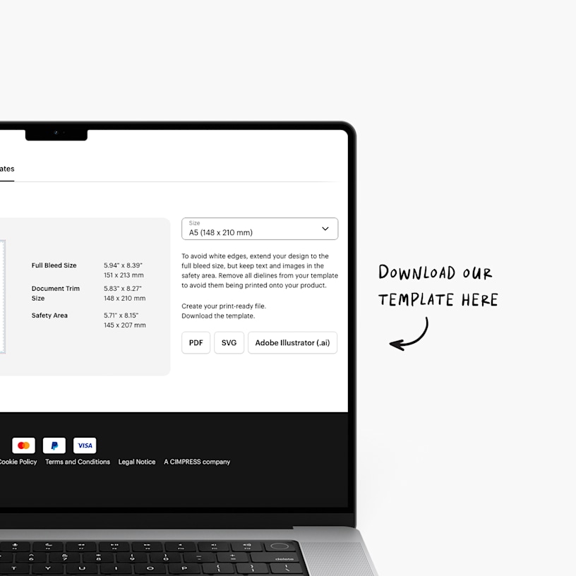 A laptop screen displaying an online template download page, with a written note, "Download the template here."
