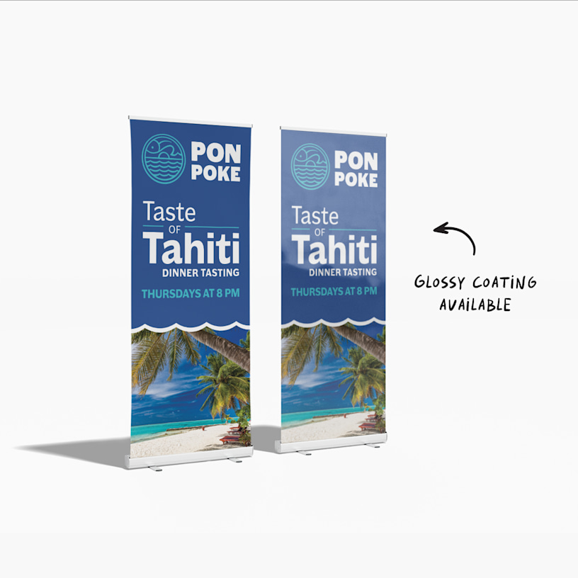 2 poke bowl restaurant retractable banners – 1 featuring the protective glossy coating option available.