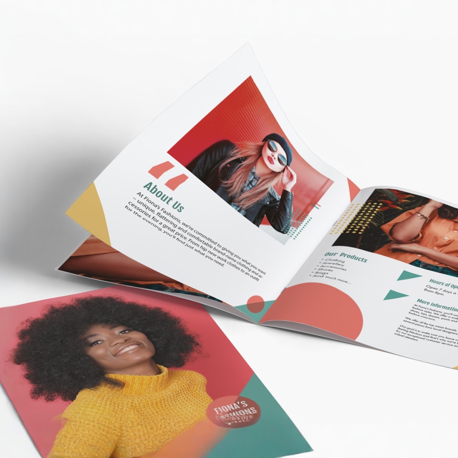 A self-cover booklet for a beauty and fashion company, opened to a page with multiple photos.
