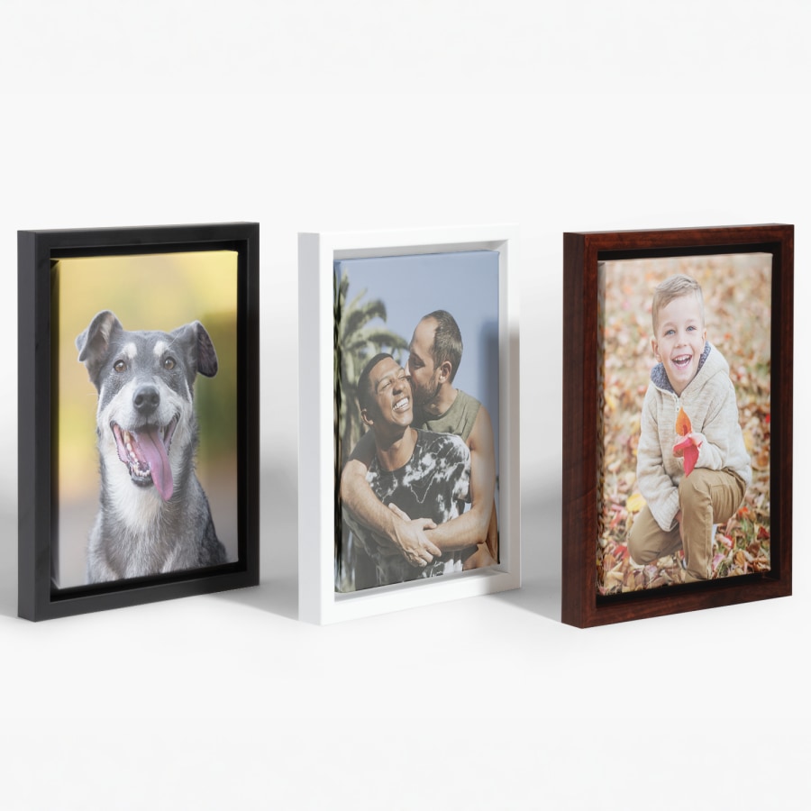 A trio of framed photo canvases, which with a different frame color. 