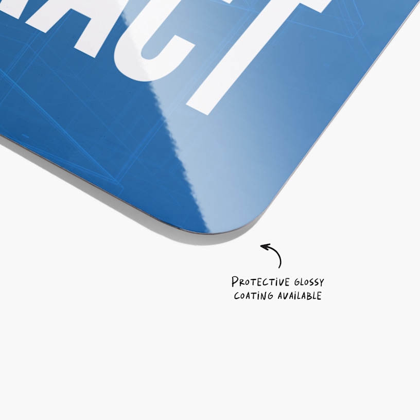  A blue real estate yard sign showcasing the protective glossy coating.