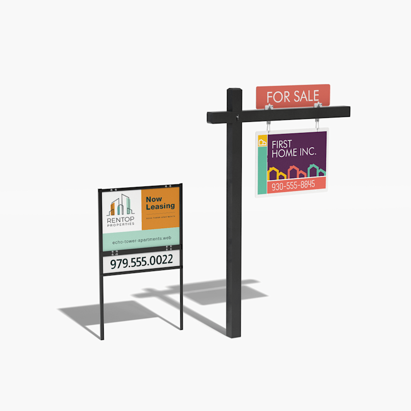  A colorful real estate yard sign with a bottom rider and a black colonial post with a yard sign and top rider. 