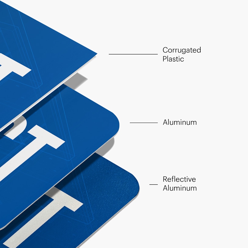 3 blue real estate yard signs stacked on top of each other with the materials labelled. 