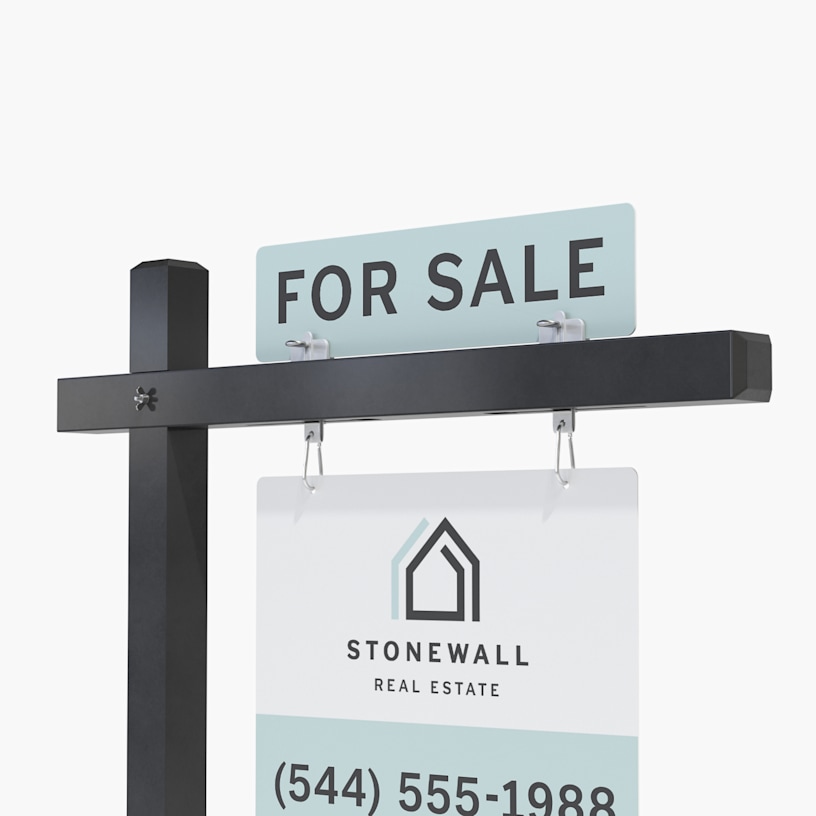  A for sale top rider on a black colonial post with a real estate yard sign hanging below.