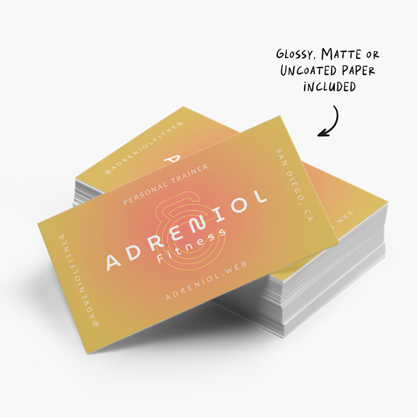 A stack of artistic business cards with a note that glossy, matte and uncoated paper is included.