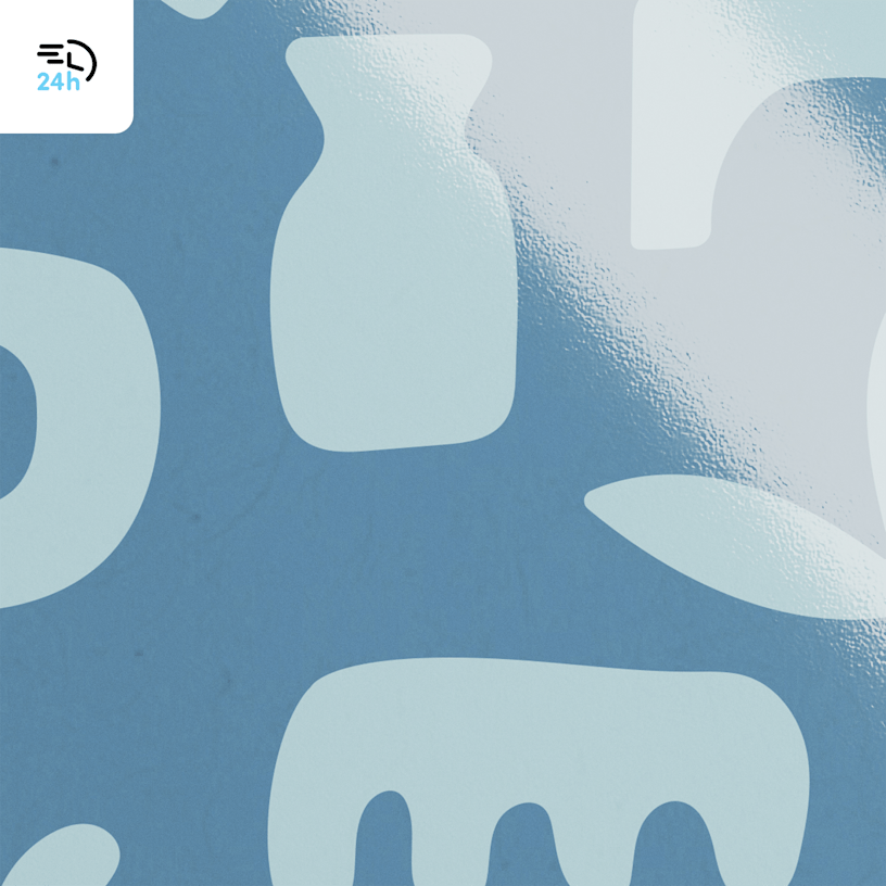 A close-up of a glossy business card, with a 24-hour delivery icon in the corner.