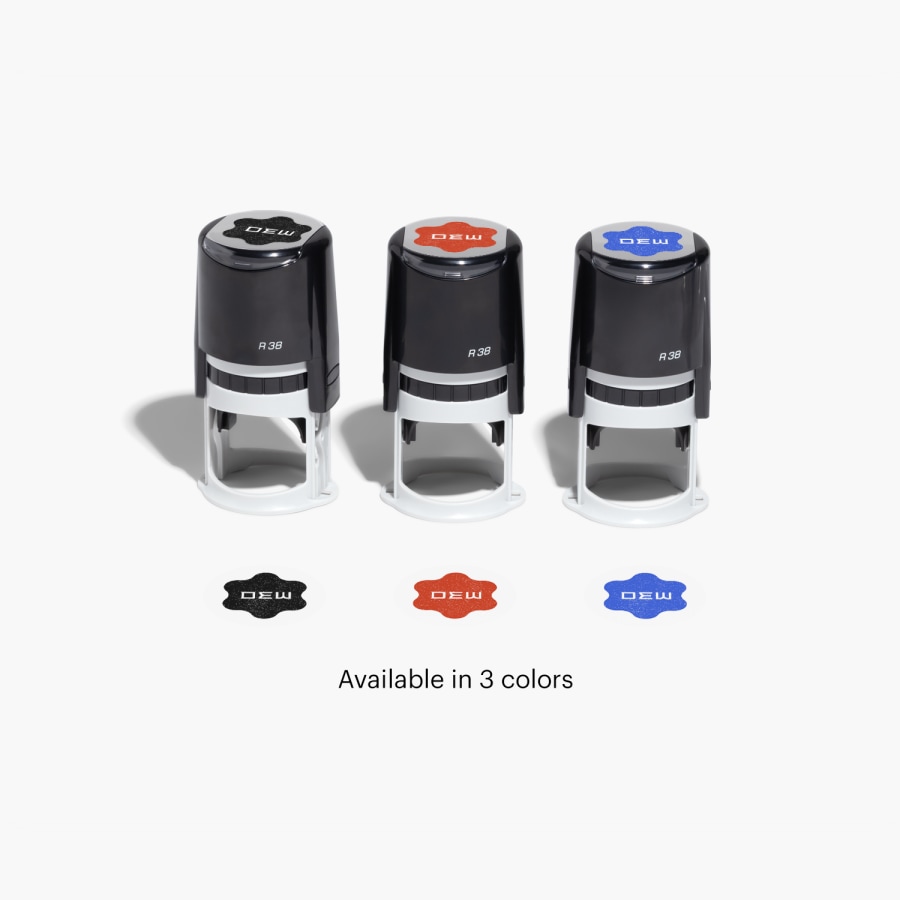 3 circular stamps showing the different color options available: black, red and blue.