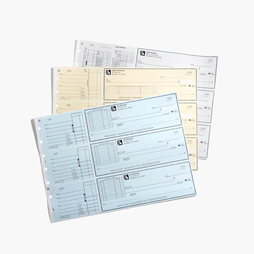 Assorted 3-to-a-page laser checks in blue, tan and white on a white background.