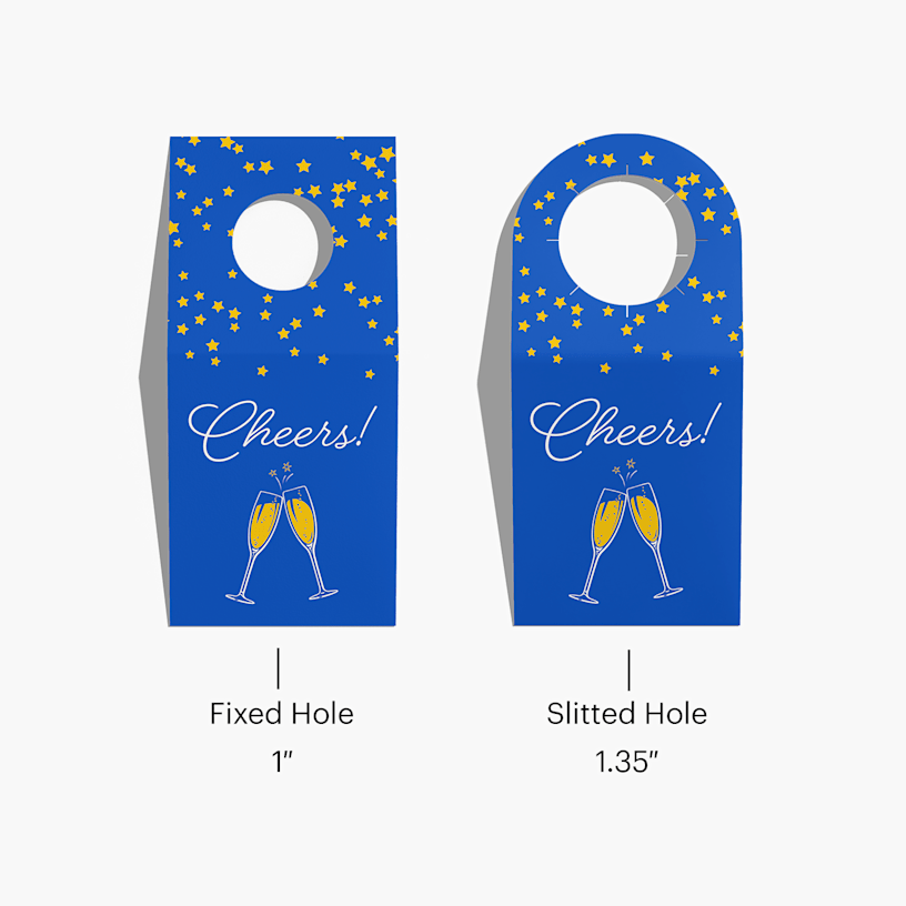 Two bottle neck tags, one with a fixed hole and one with a slitted hole.
