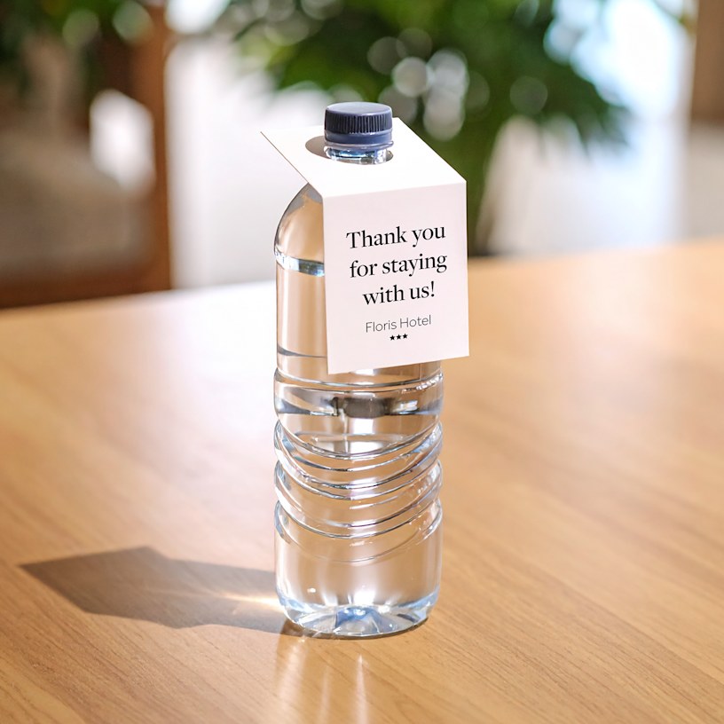 A water bottle displaying a bottle neck tag.