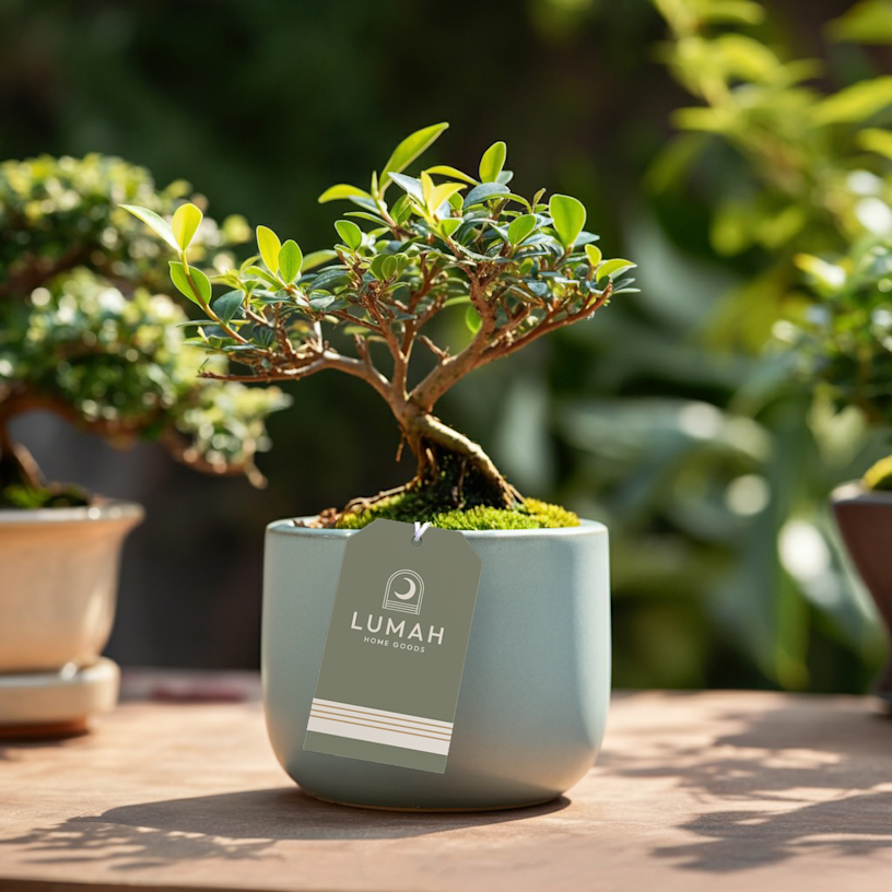A plastic hang tag hanging off of a plant in a blue pot.