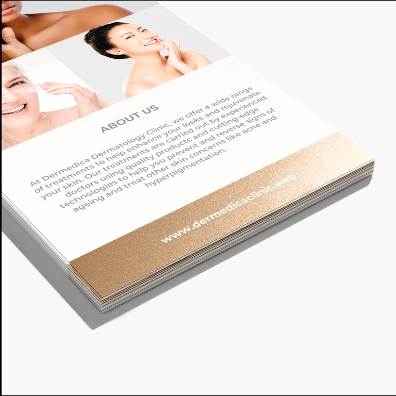 Foil accent rack cards with glossy bronze highlights from a dermatology clinic, displaying some information about the company.