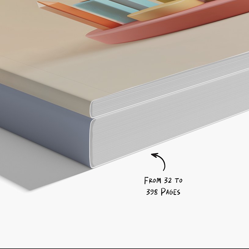 A close-up of a thin perfect bound booklet stacked on top of a thick perfect bound booklet with a written note, "From 32 to 398 pages."