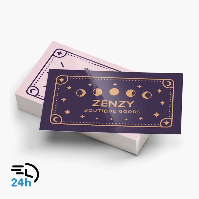 A person holding a business card from a craft store, with a 24-hour delivery icon in the corner.