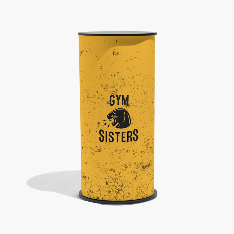 The front side of a yellow gym-themed round podium counter. 