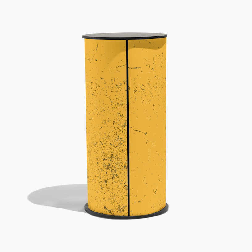 The back side of a yellow gym-themed round podium counter. 