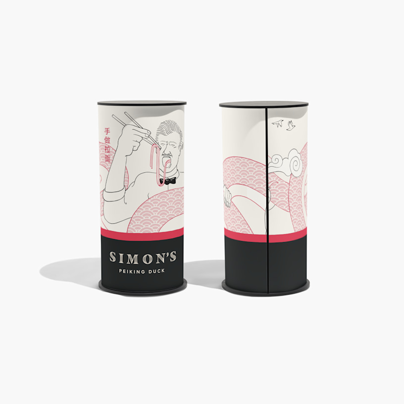 2 round podium counters showing the front and the back side for an Asian-themed restaurant.