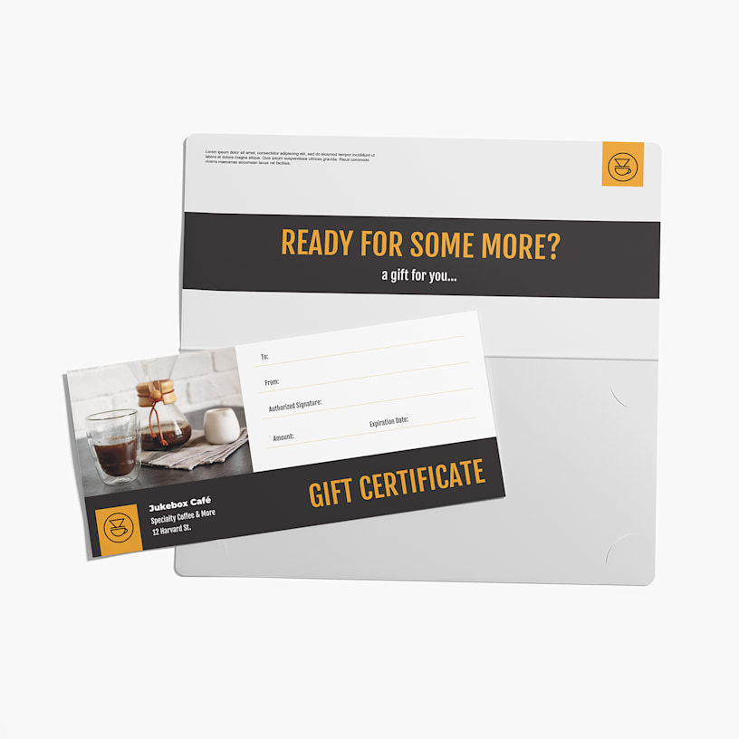 A gift certificate from a café, resting against an open gift certificate holder.