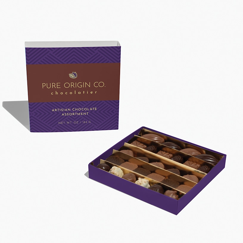 Slide-open box of chocolates from an artisan chocolatier.