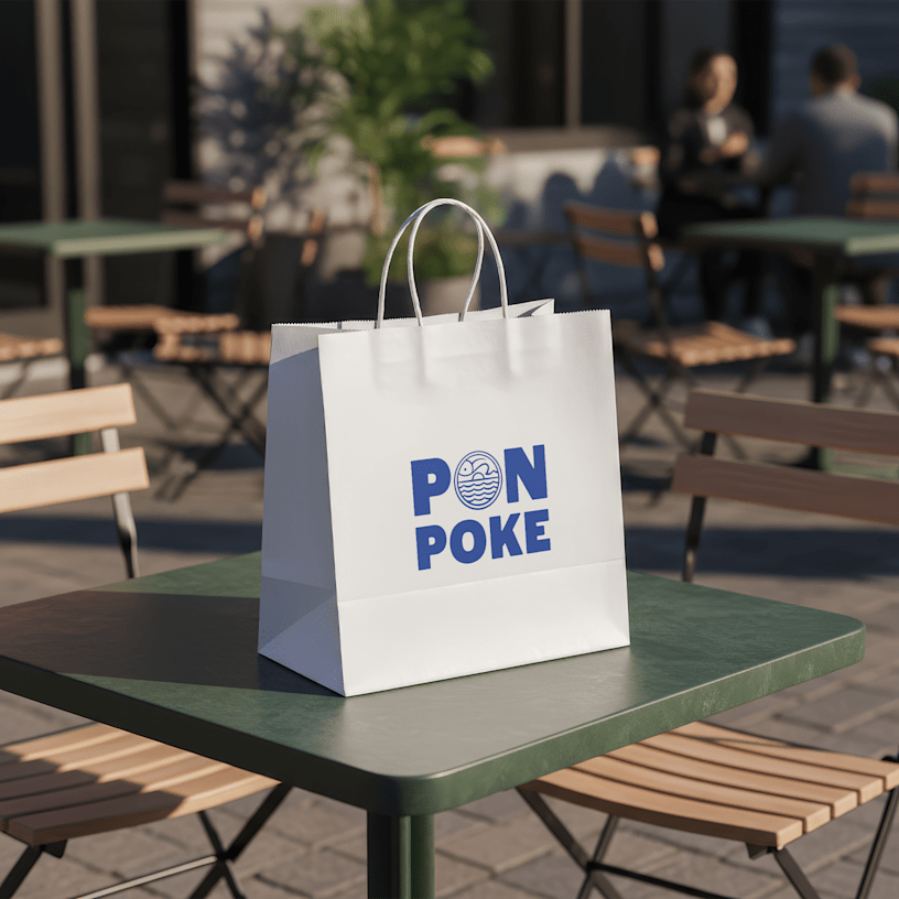 Restaurant themed brown kraft and  white kraft to-go bags.