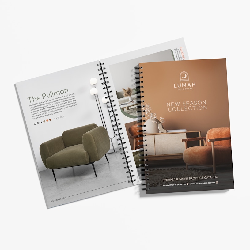 Furniture catalogs with wire binding, showing a modern seating collection.