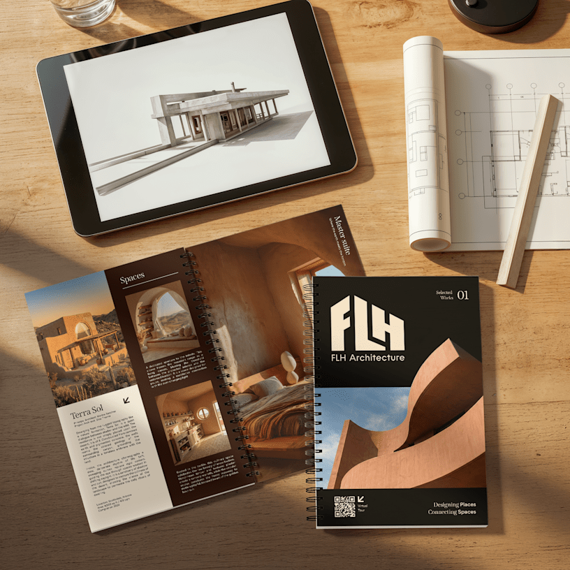 An architecture portfolio booklet displayed with a tablet showing 3D rendering and rolled blueprints on a wooden desk.
