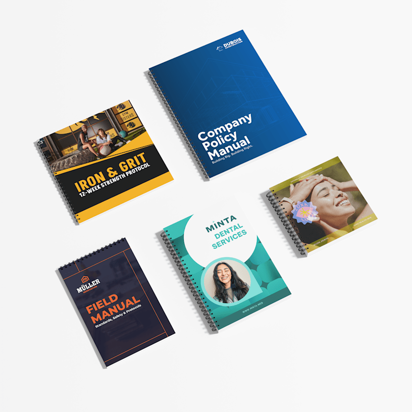 Five wire-bound company manuals and field guides for various industries, displayed flat on a white background.