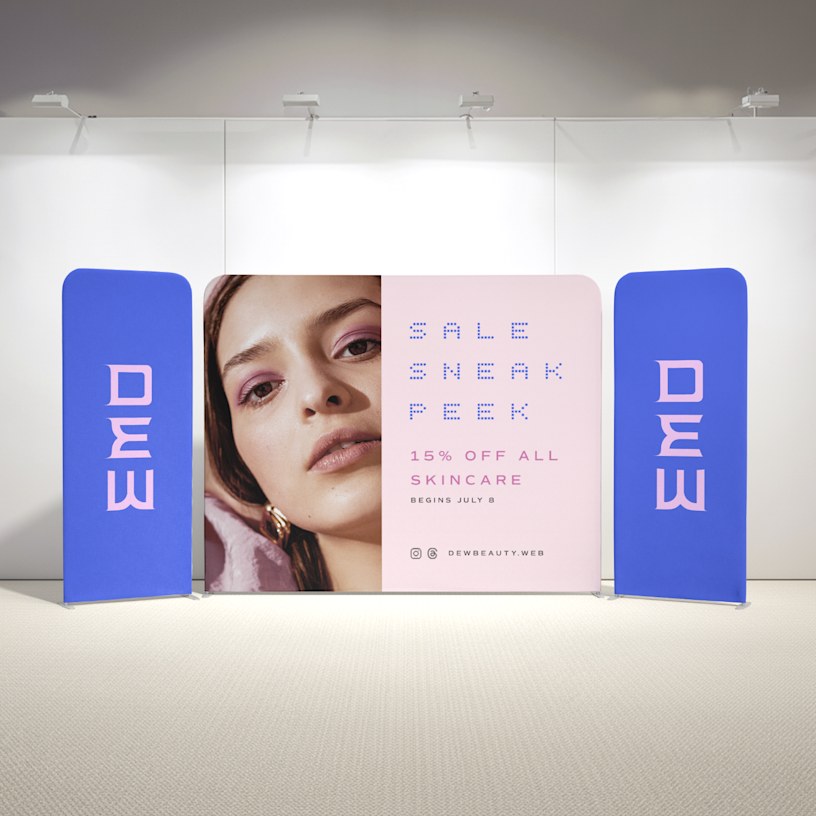  3 tension fabric displays standing side by side promoting a skin care sale.