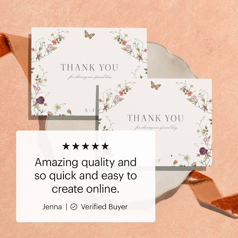 Wedding thank you cards with a floral design. There’s a customer review that reads: “Amazing quality and so quick and easy to create online.”