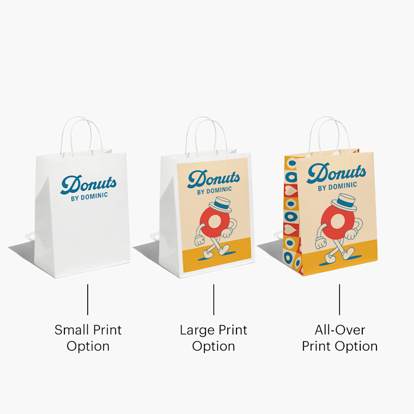 3 white kraft paper bags with the same design applied in small, large, and all-over printing styles.