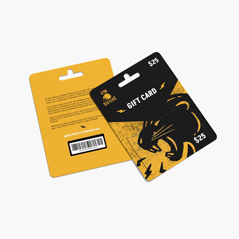 The front and back of a hanger tab with window gift card holder with a gift card to a gym.