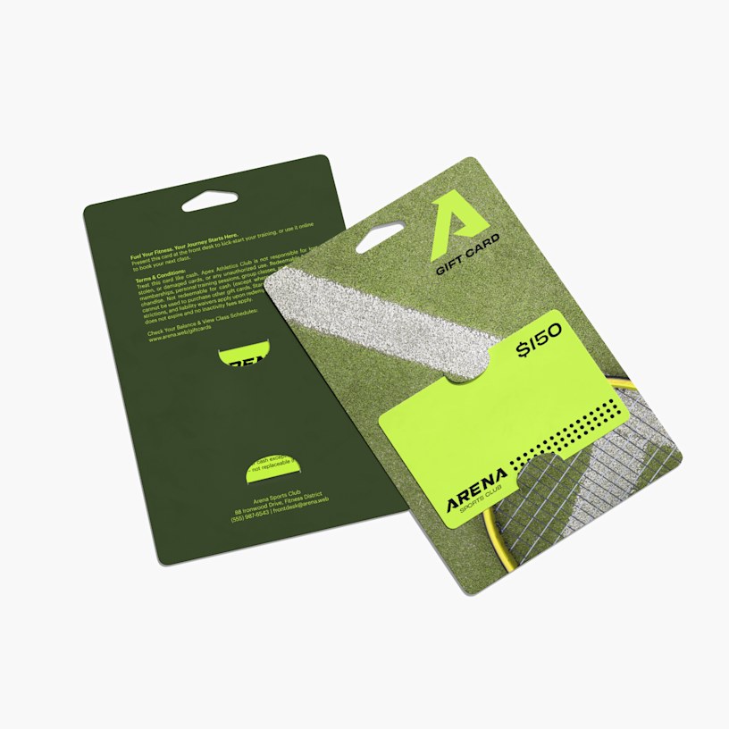 The front and back of a hanger tag gift card holder with a gift card to a sports club.