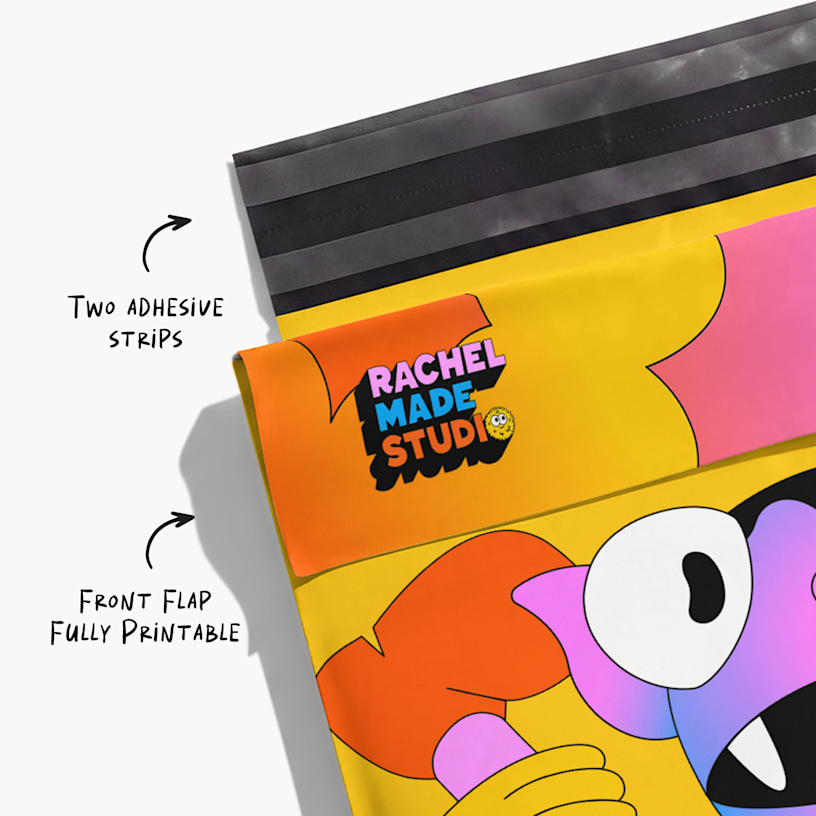 A close up of a custom poly mailer showing the 2 adhesive strips for easy returns.
