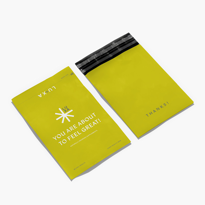 The front and back side of a custom poly mailer promoting a supplements company.