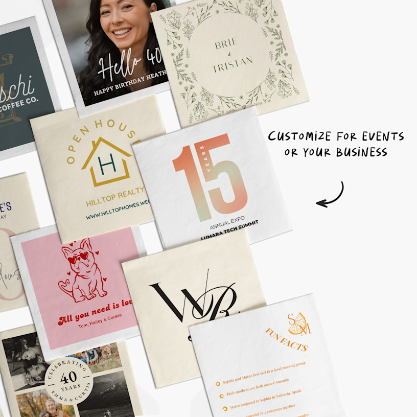 Various cocktail napkins printed for different businesses and occasions, with a note that you can customize napkins for events or your business. 