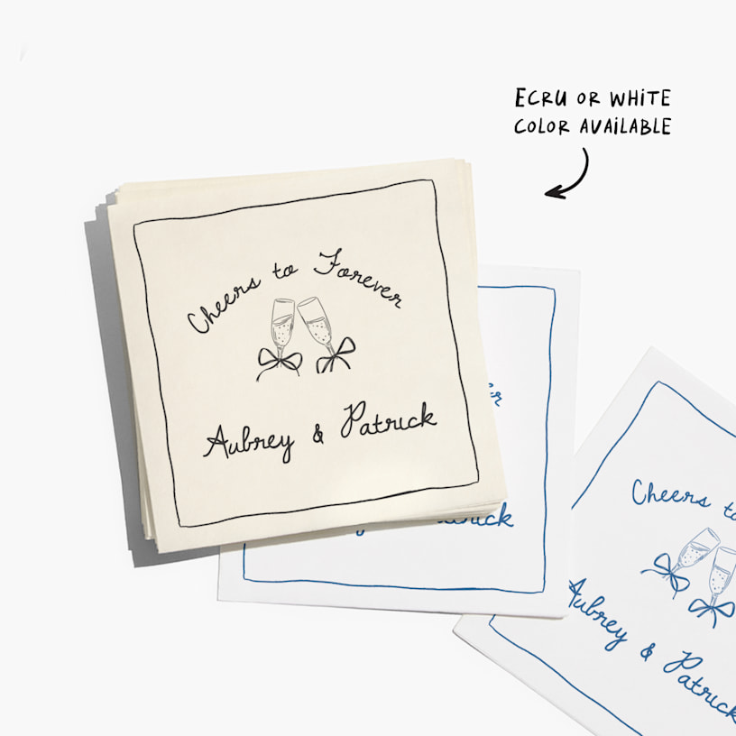 A stack of white and ecru cocktail napkins customized for a wedding, with a note that ecru and white colors are available. 