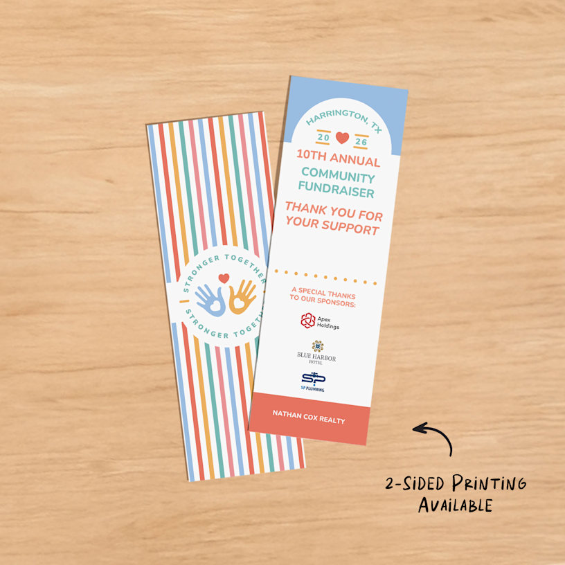 The front and back view of a bookmark personalized for a 10th annual community fundraiser, with a note that says 2-sided printing is available. 