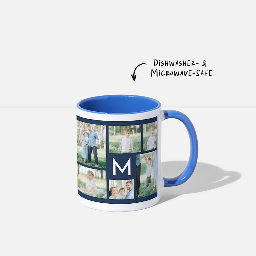 A mug with a blue handle and interior customized with family photos, plus a note that says it’s dishwasher- and microwave-safe. 