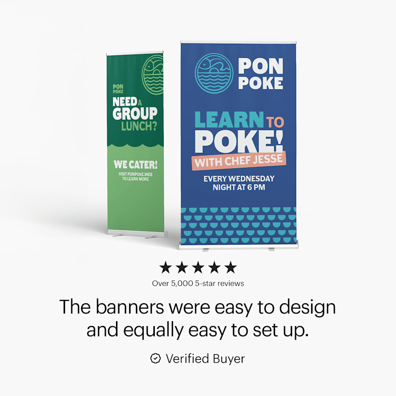 2 colorfully designed poke bowl retractable banners along with a quote from a satisfied customer about how easy they were to design and set up.