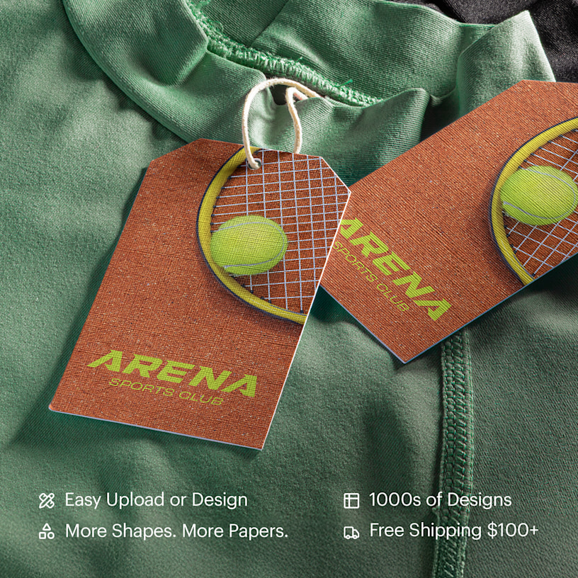 2 hang tags promoting a sports club tied with string around clothing. Highlighted benefits include more shapes & papers, easy upload & design, 1000s of designs and gree shipping.
