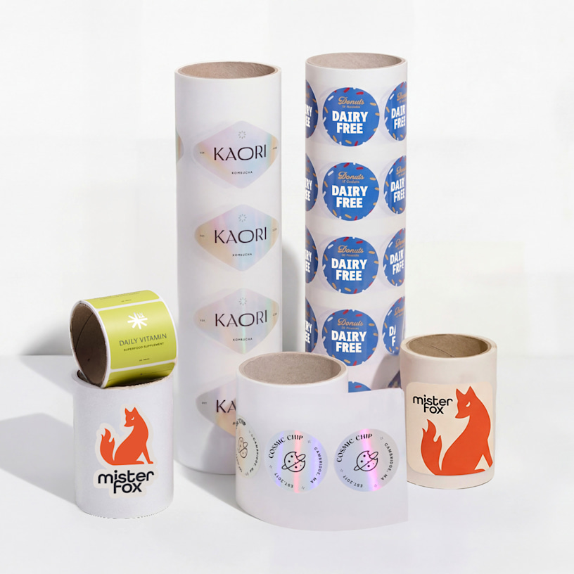 An assortment of roll labels from different brands, showing the different shapes, sizes, finishes and roll types available.