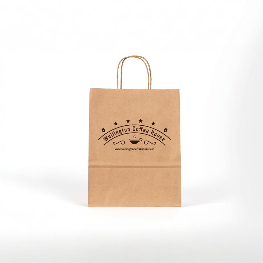 brown paper bag with business logo