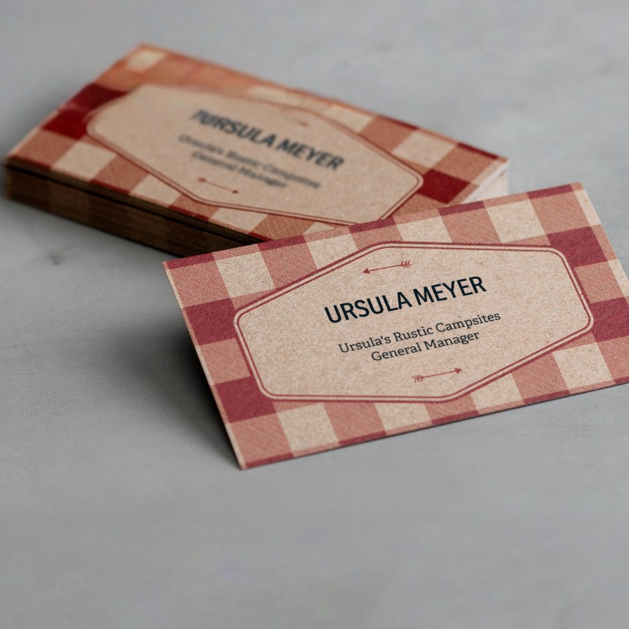 A kraft business card with a colorful pattern from a bespoke designer.