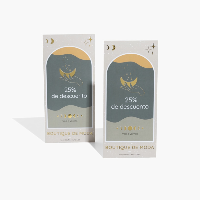Dos tarjetas informativas con relieves metalizados dorados promocionando ofertas de una boutique.