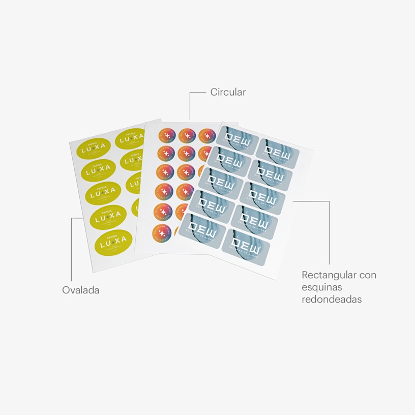 Tres hojas de pegatinas con notas que destacan las distintas formas: ovaladas, redondas y rectangulares con esquinas redondeadas.